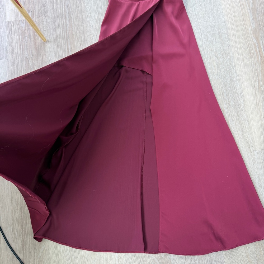 Azazie Burgundy Off-Shoulder Satin Maxi Dress with Slit - Picture 10 of 11